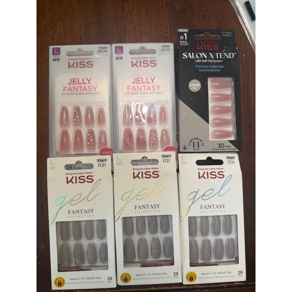 Kiss Nail Bundle‎ 6pk Jelly Gel Fantasy Salon X-Tend Long Pink Grey Coffin New